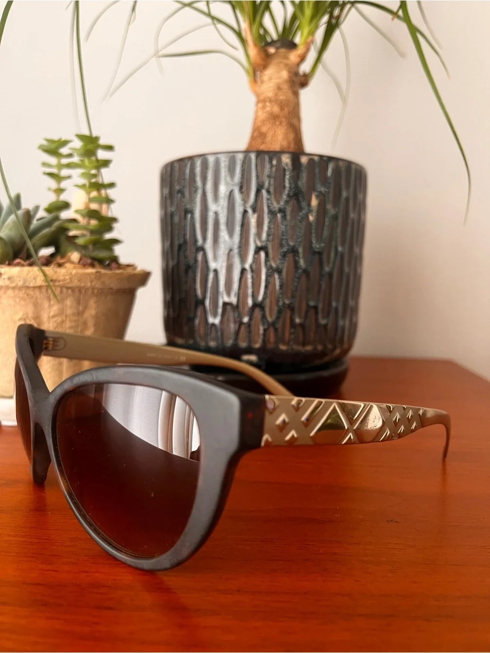 Burberry B4220 Cat Eye Sunglasses with Gold Plaid Temples